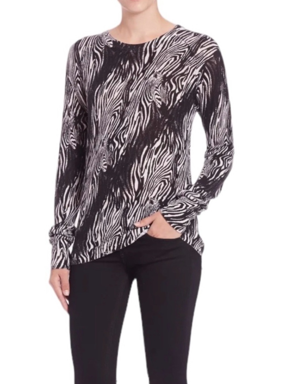 Equipment Femme Sloane Crewneck Zebra-Print Long-Sleeve 100% Cashmere Top $248